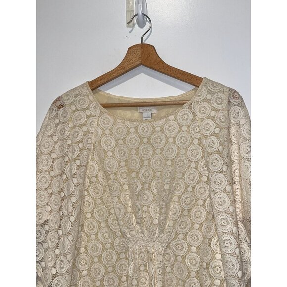Chicos Cream Lace Flutter Short Sleeve Causal Knit Top Blouse Women's Size 8 - Picture 2 of 7
